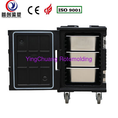 Αγορά YINGCHUANG OEM 90L Μαύρο Μεγάλο Τροχοφόρο με Rotomolded Μεγάλο Μονωμένο Κουτί, Χοντρό αφρό PU ζεστό & κρύο ντουλάπι μεταφοράς τροφίμων GN Pan για Καντίνα τροφοδοσίας κεντρικής κουζίνας διαδικτυακή κατασκευή